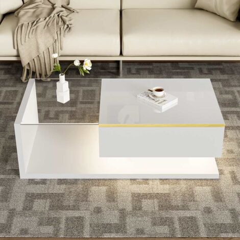 Table basse 100 cm en laque blanche brillante avec effet LED, table d'appoint en verre (1/5)