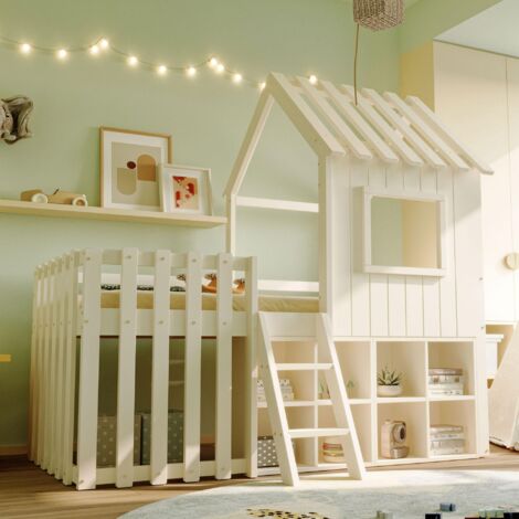 Lit enfant 90x200 avec toit, fenêtres, espace de rangement ouvert, échelle, en bois massif, sans matelas