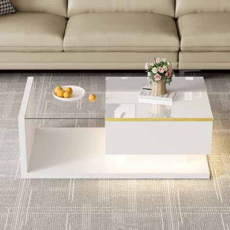 Table basse 90 cm en laque blanche brillante avec effet LED, table d'appoint en verre (1/5)