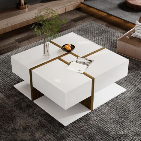 Table basse brillante avec quatre tiroirs design moderne et rangement bas blanche (1/5)