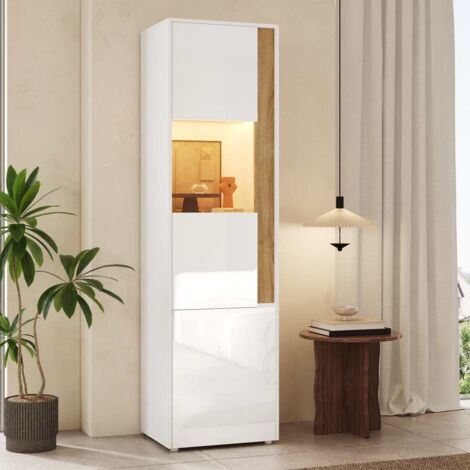 Vitrine moderne avec rangement, haute armoire LED, 2 portes dont une en acrylique, blanc et naturel (1/5)