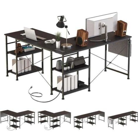 Tbfit Bureau en forme de L avec étagères de rangement, Coner réversible, bureau pour petit espace, grand bureau d'ordinateur de jeu avec prise de cour (1/5)