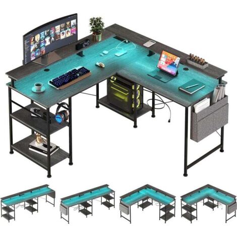 Bureau en L, 140x140x85 cm, bureau informatique avec prise de courant et bande LED, avec support d'écran et compartiment de rangement, gris (1/5)