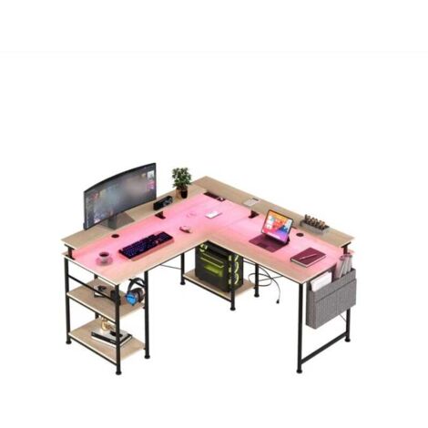 Bureau d'angle en forme de L Tbfit, bureau d'ordinateur réversible avec prise électrique et bande LED, bureau de gaming avec support pour moniteur et