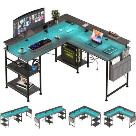 Bureau d'angle en forme de L Tbfit, bureau d'ordinateur réversible avec prise électrique et bande LED, bureau de gaming avec support pour moniteur et