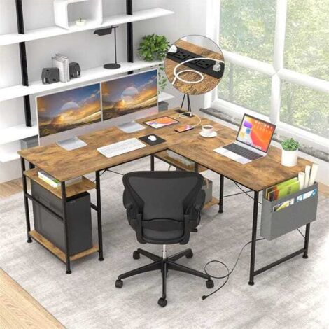 Tbfit Bureau en forme de L avec étagères de rangement, Coner réversible, bureau pour petit espace, grand bureau d'ordinateur de jeu avec prise de cour