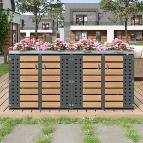 Boîte à déchets extérieure avec quatre compartiments, bois horizontal, acier galvanisé, verrouillable et jardinière intégrée (1/5)