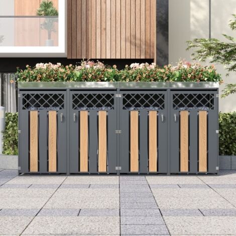Rangement poubelle quadruple avec portes séparées, ventilation losange et jardinière intégrée en acier galvanisé (1/5)
