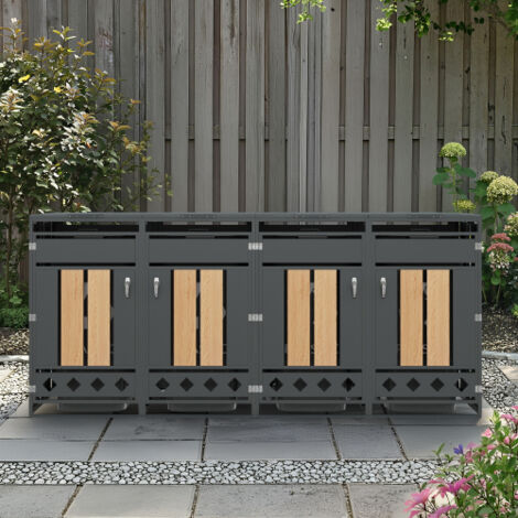 Couvercle de poubelle extérieur pour 4 bacs, acier galvanisé, double porte verrouillable, design bois moderne (1/5)