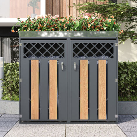 Rangement poubelle sécurisé avec portes doubles, ventilation losange et jardinière intégrée en acier galvanisé (1/5)