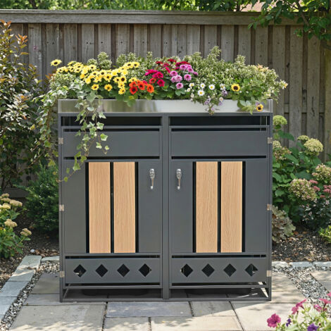 Boîte de rangement pour 2 poubelles avec bac à plantes intégré, portes verrouillables et ventilation optimale (1/5)