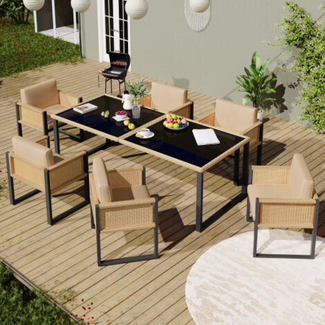 Salon de Jardin Polyrattan 6 Personnes avec Table Verre Trempé, Chaises Confortables Coussins Lavables (1/5)