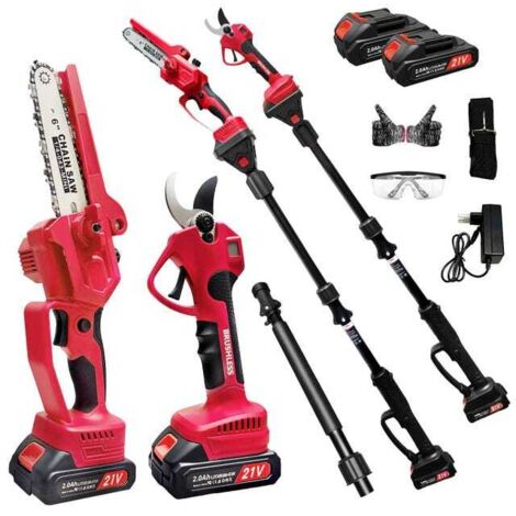 Kit Jardinage 4-en-1 Haute Performance Scie Élagage 21V Lithium Sans-Brosse + Taille-Haies Télescopique 180°