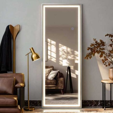 Miroir intelligent avec lumière LED 160×50 cm, miroir argent HD, 3 couleurs réglables, touche tactile pour maquillage et dressing