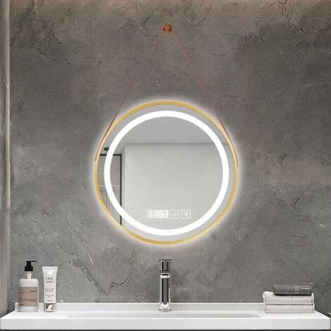 Miroir LED Rond Intelligent Salle de Bain Or, Diamètre 50 cm, Éclairage Trois Températures, Anti-Buée, Douce Lumière et Double Alimentation