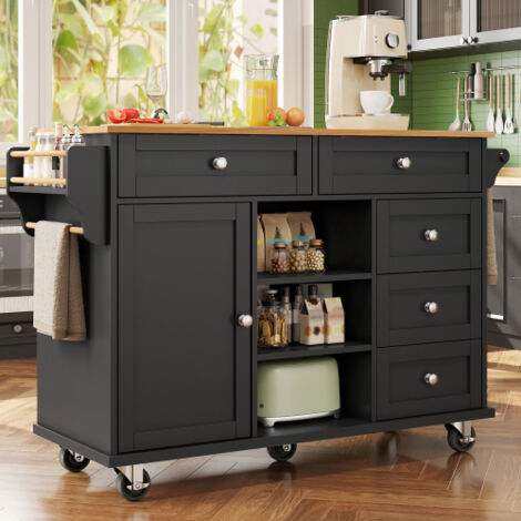 Îlot de cuisine moderne multifonction avec rangement, table et chariot à roulettes aspect bois (1/5)