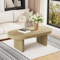 Table basse ovale flûtée style Mid Century Modern, bois rustique, table de salon, 120x60x41,5 cm