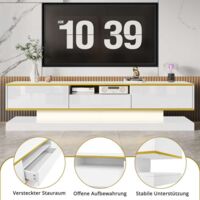 Meuble TV moderne avec trois tiroirs et un compartiment ouvert, finition haute brillance, LED à changement de couleur-Blanc