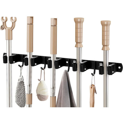 Porte-balais mural en acier inoxydable avec 5 supports et 4 crochets - porte-outils mural pour jardin, balcon, salle de bain, jardin, cuisine