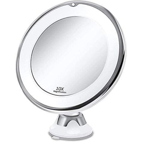 Miroir Grossissant 10x Lumineux LED avec Forte Ventouse, Batterie - Miroir Maquillage avec Lumière Natur Dimmable pour Les Salles de Bain(Blanc)