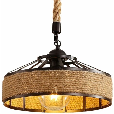 Lustre en Corde de Chanvre, Lampe à Suspension Rétro en Métal Noir, Lustres Suspensions En Country, Plafonnier Couloir E27 Luminaire pour 220V (1/5)