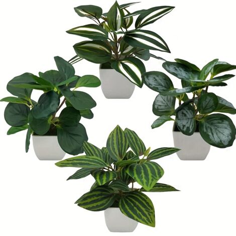 Lot de 4 petites plantes artificielles en pots blancs, mini plantes artificielles en plastique, plantes artificielles, décoration dintérieur, verdure