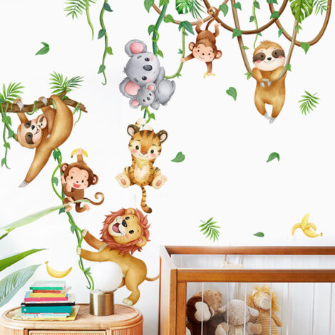 Stickers muraux animaux de la jungle, koala, lion, singe, paresseux, vigne, décoration murale pour chambre denfant, bébé, crèche, salon (1/4)