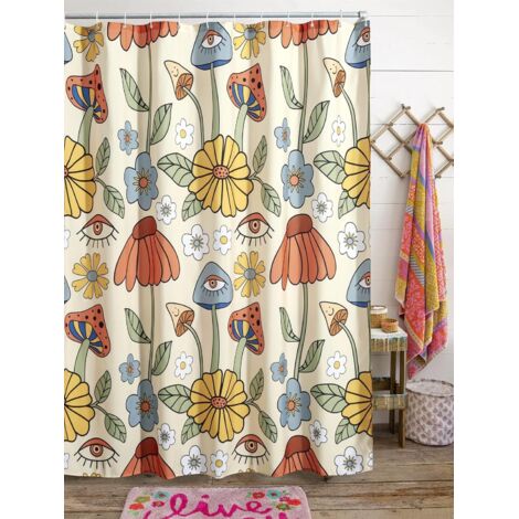 Rideau de douche rétro années 70 - Motif floral psychédélique - Jaune et orange - Champignons funky - Fleurs et yeux - Style hippie vintage - Décora (1/5)