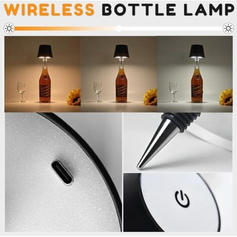 Lampe De Bouteille D'alcool Sans Fil, 3 Couleurs, Lampe De Table Sans Fil, Lampe De Table LED Rechargeable, Contrôle Tactile, Lampe De Bureau à