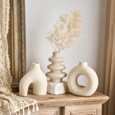 Vase Céramique KINGHON - Design Doughnut Beige Bohème 21,6 X 10 Cm - Déco Minimaliste Pour Herbes De La Pampa, Fleurs Séchées Ou Fraîches