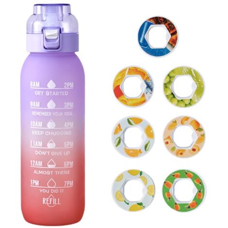 Gourde aromatisée 1000ml dégradé violet-rouge, paille incluse, 7 arômes, bouteille sport en Tritan (1/5)