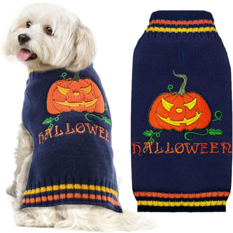 Pull-over Halloween - Citrouille pour chien, col haut bleu marine (1/5)