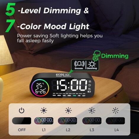 Réveil Numérique, Horloge Murale Réveil Matin LED Digital Miroir Grand Ecran avec Température Date, 2 Alarme, 40 Musique, 6 Luminosité Variable, USB Clock pour Maison Bureau, Noir