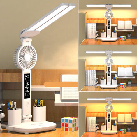 Lampe Multifonction Double LED - Bureau/Chevet avec Horloge Intégrée & Ventilateur, 3 Tons Lumière, Rechargeable par USB, Variateur Tactile