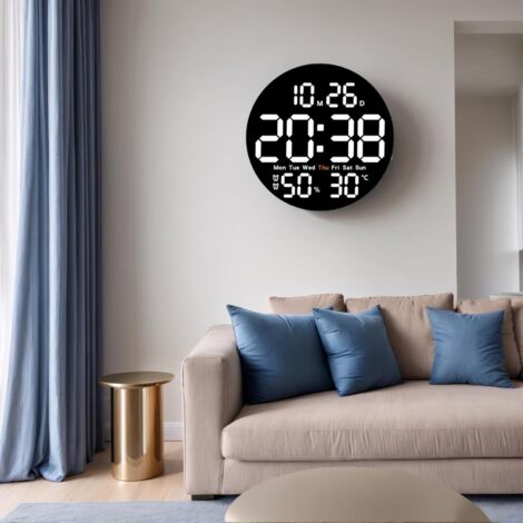 Horloge Murale Numérique LED 25.5 cm Radio Pilotée Facile à Lire Moderne sans Tic Température Deco Chambre Salon Bureau Noir (1/5)