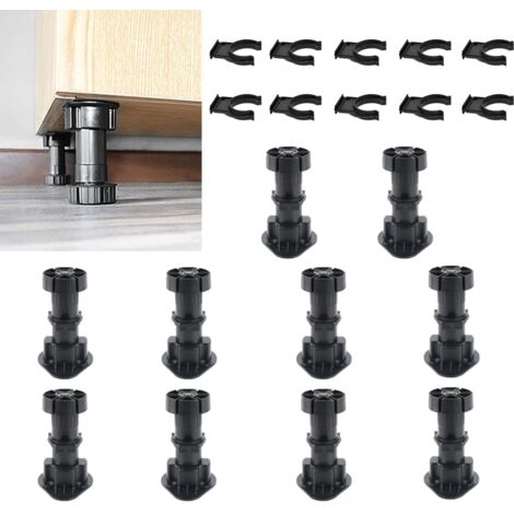 Lot de 10 Pieds de Meubles Réglables, 100-120MM Pieds pour Meuble Noir, Pied de Meuble en Plastique avec 10 Clip pour Plinthe, Pieds de Table Réglable pour Meuble, Armoires, Cuisine, Canapé (1/5)