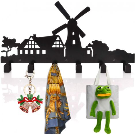 Patères murales avec 6 crochets, porte-manteau en métal, décoration murale pour manteau, chapeau, vêtements, sacs, clés ou serviettes (moulin à vent) (1/5)