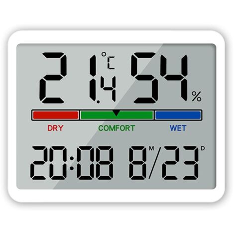 Thermo-hygromètre - Grand écran LCD - Avec fonction horloge - Convient aux serres et aux maisons - Blanc (1/5)
