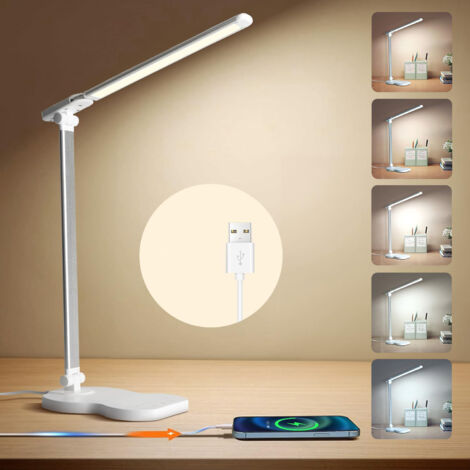 Lampe de bureau LED avec 5 couleurs et 10 niveaux de luminosité, lampe de bureau, lampe de lecture avec minuterie de 45 minutes, blanc (1/5)