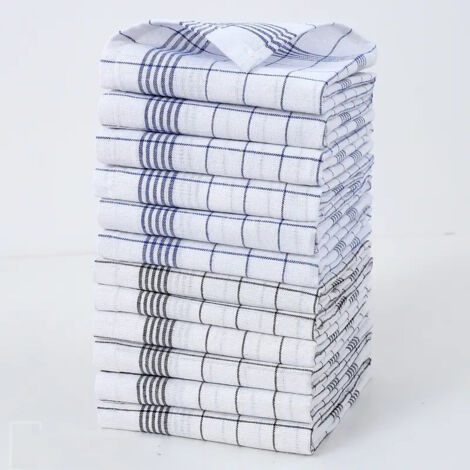 Lot de 12 torchons de cuisine en coton à rayures et à carreaux, haute absorption, bleus et noirs, pour le nettoyage de la vaisselle