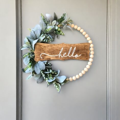 Couronne Hello, couronne moderne en perles de bois avec feuilles d'oreille d'agneau, décoration florale, panneau de couronne Hello pour porte d'entrée (1/5)