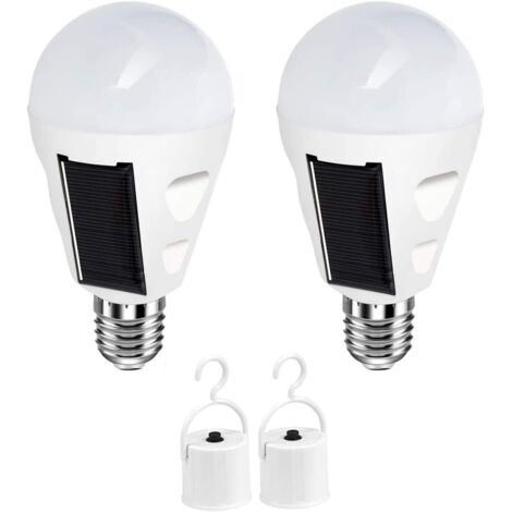 Ampoule solaire de secours à LED, culot E27, avec crochet et interrupteur, alimentée par batterie, idéale pour la randonnée et le camping, lot de 2