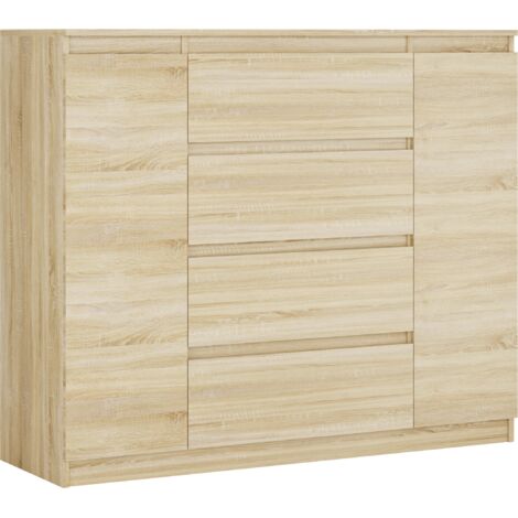 Commode : Chêne Sonoma, 120 × 39 × 101 cm, 2 Portes, 4 Tiroirs (1/5)
