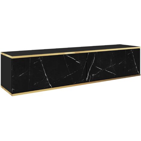 Meuble TV, Noir Mat / Noir royal marbre, 135 × 30 × 32 cm, Push to Open (1/5)