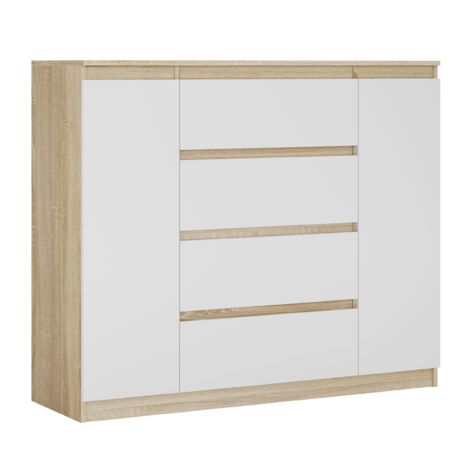 Commode : Chêne Sonoma / Blanc Mat, 120 × 39 × 101 cm, 2 Portes, 4 Tiroirs (1/5)