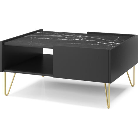 Table basse : 2 tiroirs, 1 étagère, noir graphite / marbre noir, 97 × 45 × 65 cm (1/5)