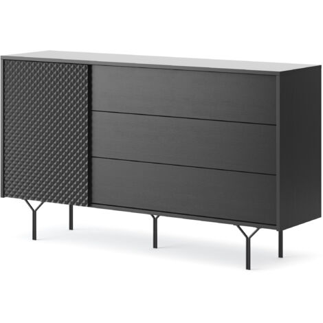 Commode : 3 tiroirs, 1 porte, 2 étagères, noir graphite, 144 × 83 × 38 cm (1/5)