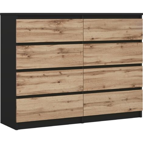 Commode 8 tiroirs : Noir Mat / Chêne Wotan, 120 × 101 × 39 cm (1/5)