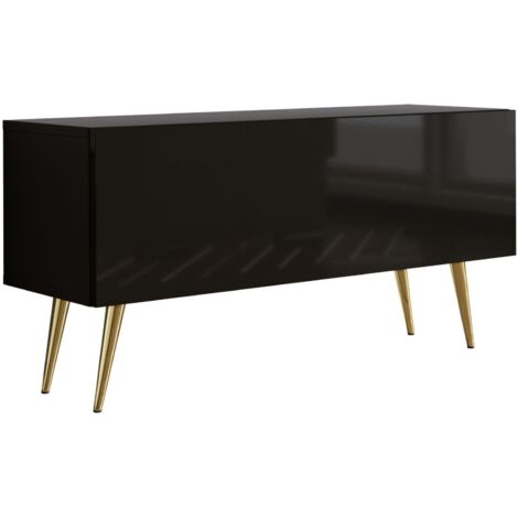 Meuble TV : Noir Mat/Noir Brillant, pieds dorées, 100 × 52 × 32 cm (1/5)