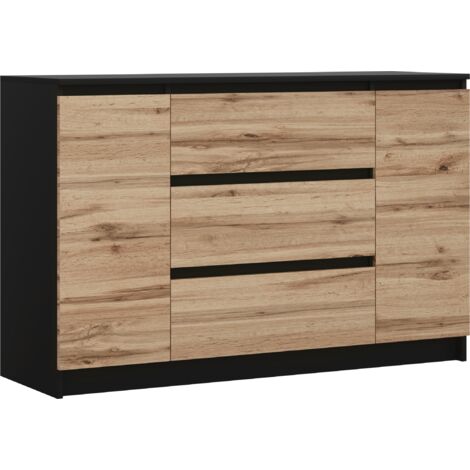 Commode : Noir Mat / Chêne Wotan, 120 × 78 × 39 cm, 2 portes, 3 tiroirs (1/5)